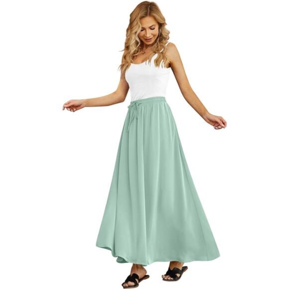 Women's Flowy Maxi Skirt Pleated High Waisted Mint Green - Picture 1 of 4